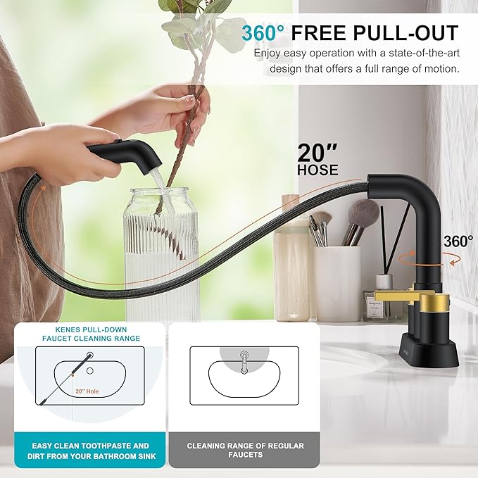 KENES Black and Gold Pull Out Centerset Bathroom Faucet 3 Hole, 4 Inch 2 Handle Bathroom Sink Faucet with Pull Out Sprayer, Vanity Faucet with Pop Up Drain & Supply Lines LJ-9059A-BG