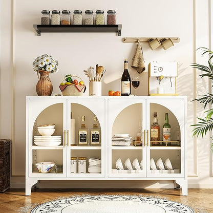 Foreate Arched Sideboard Buffet Cabinet with Storage & LED Light, 53.2" Large Buffet Cabinet with 4 Glass Door & Adjustable Shelf, Modern Farmhouse Sideboard Credenzas Metal Kitchen Buffet, White