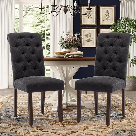 Tufted Dining Chairs Set of 6, Upholstered Parsons Dining Room Chairs, Fabric Kitchen Side Chair with Wood Legs, Black