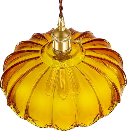 Pendant Light Fixture, Hanging Light Fixture, Glass Shade Pendant Light with Rotary Switch, Modern Lamp for Kitchen Island, Bedroom, Dining Room, Living Room (Orange Lotus, Hard-Wired)