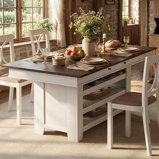 Garvee Counter Height Dining Table with 2 Drawers, 36" Farmhouse Wooden Large Bar Kitchen Table with Wine Rack & 3 Shelves, Rectangular, Thick Frame for Kitchen, Bar & Entertaining, Retro White Brow