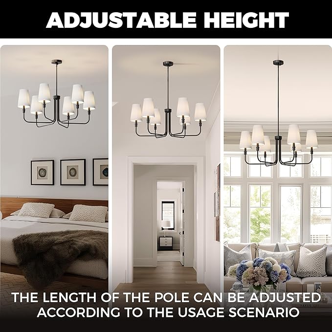 DORESshop 6-Light Chandelier for Dining Room Light Fixture Over Table, 33.86" Modern Matte Black Chandelier with White Linen Shades, Adjustable Hanging Light Fixture for Kitchen Island Foyer Hallway