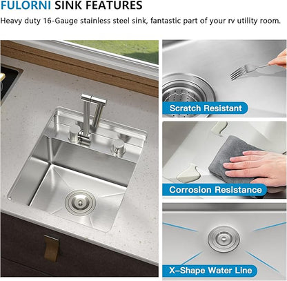 15 Inch Undermount RV Kitchen Sink Workstation - Fulorni 15"x17" Outdoor RV Mobile Camper Wet Bar Prep Sink 16 Gauge 304 Stainless Steel Single Bowl Basin with Foldable Faucet