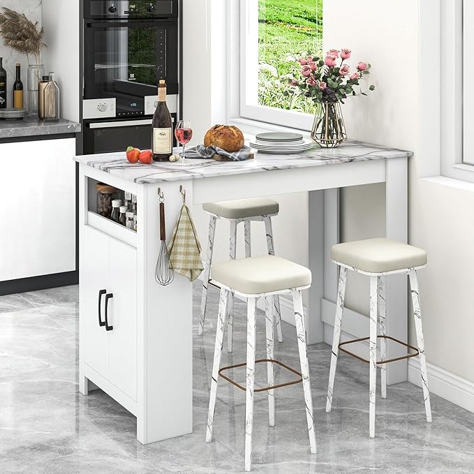 Giantex Counter Height Dining Table with 7 Hanging Hooks, Compartment, Cabinet & Adjustable Shelf, Faux Marble Tabletop, Bar Table for Pub Kitchen Small Space (White, 47"x23.5"x35.5")