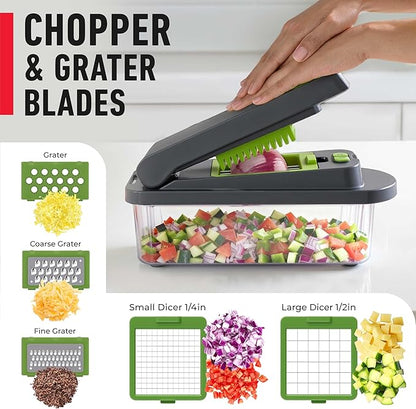 Mueller Pro-Series 10-in-1, 8 Blade Vegetable Chopper, Onion Mincer, Cutter, Dicer, Egg Slicer with Container, French Fry Cutter Potato Slicer, Home Essentials, Salad Chopper,Gray/Green