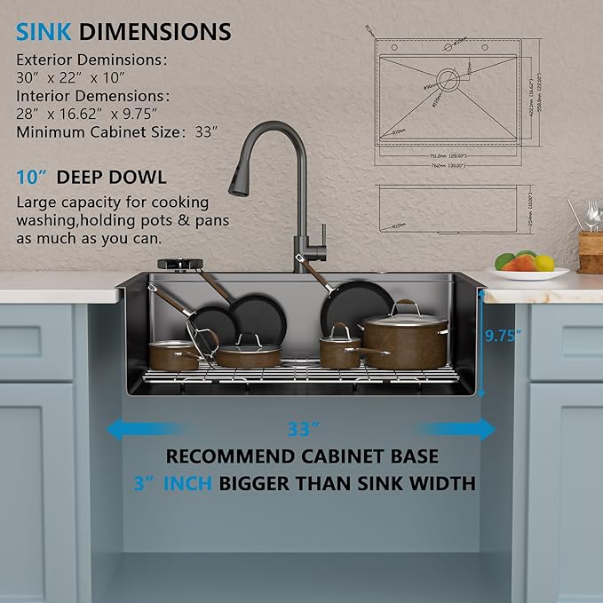 30"x22" Drop In Kitchen Sink Ledge Workstation – Gunmetal Black NANO-PVD, 16 Gauge 304 Stainless Steel Top Mount Single Bowl Sink Basin with Faucet Combo & Glass Rinser