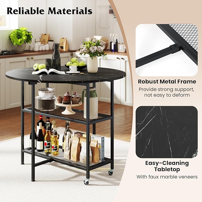 Giantex 40" Folding Dining Table with Lockable Wheels, Storage Shelves, Space-Saving Drop Leaf, Movable & Expandable Round Kitchen Table for Dinette Small Place Apartment Living Room (Black)