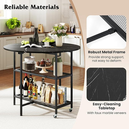 Giantex 40" Folding Dining Table with Lockable Wheels, Storage Shelves, Space-Saving Drop Leaf, Movable & Expandable Round Kitchen Table for Dinette Small Place Apartment Living Room (Black)