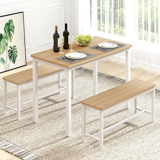 Rovibek 43" Dining Table Benches Set for 4, Modern Space Saving Kitchen Table Chairs & Adjustable Feet Breakfast Table 2 Benches, Wooden Industrial Style Farmhouse, White