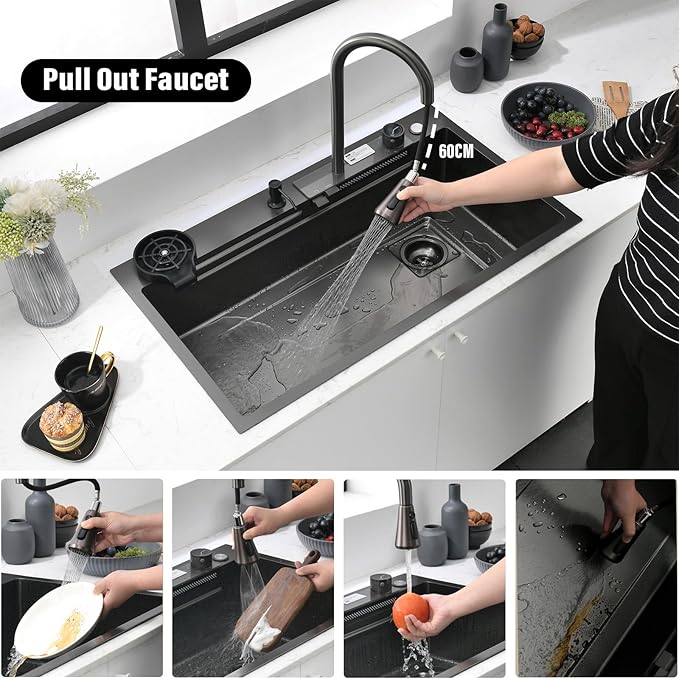 Waterfall Black Kitchen Sink, 34Inch Single Bowl Sink, Stainless Steel Multifunctional Drop In/Topmount Workstation Sink with Pull-out Faucet, Multiple Accessories (Black, 34x20in)