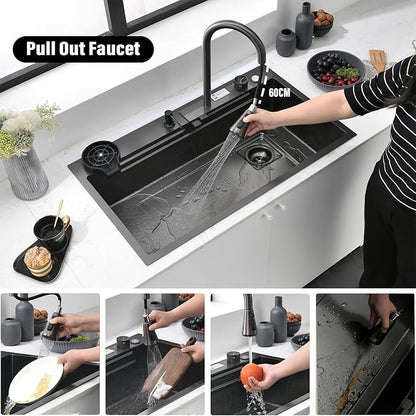 Waterfall Black Kitchen Sink, 34Inch Single Bowl Sink, Stainless Steel Multifunctional Drop In/Topmount Workstation Sink with Pull-out Faucet, Multiple Accessories (Black, 34x20in)