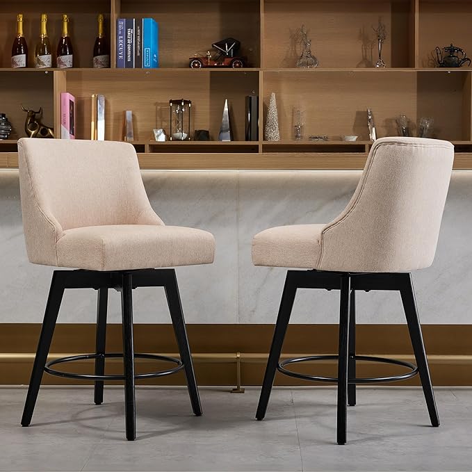 Counter Height Bar Stools Set of 6,Swivel Barstools with Backs and Wood Legs,Linen Fabric Upholstered Counter Stools for Kitchend Island,Mid-Century Modern 26"Seat Height Bar Chairs,Flax Beige