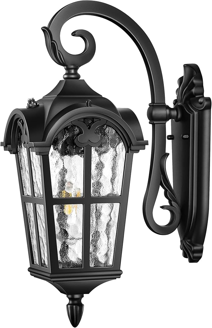 VIANIS Outside Lights for House, Dawn to Dusk Light Fixture, Black Classic Wall Lantern Fixture with Water Ripple Glass, 100% Aluminum Outdoor Sconce Lights Wall Mount, Coach Light for Garage Porch