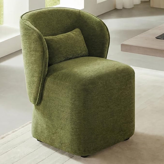 KISLOT Upholstered Dining Chairs with Wheels, Easy Assembly Stain Resistant Fabric Modern Barrel Armchair with Lumbar Cushion, Dining Room Chairs for Kitchen Living Room Bedroom, Green, Set of 1