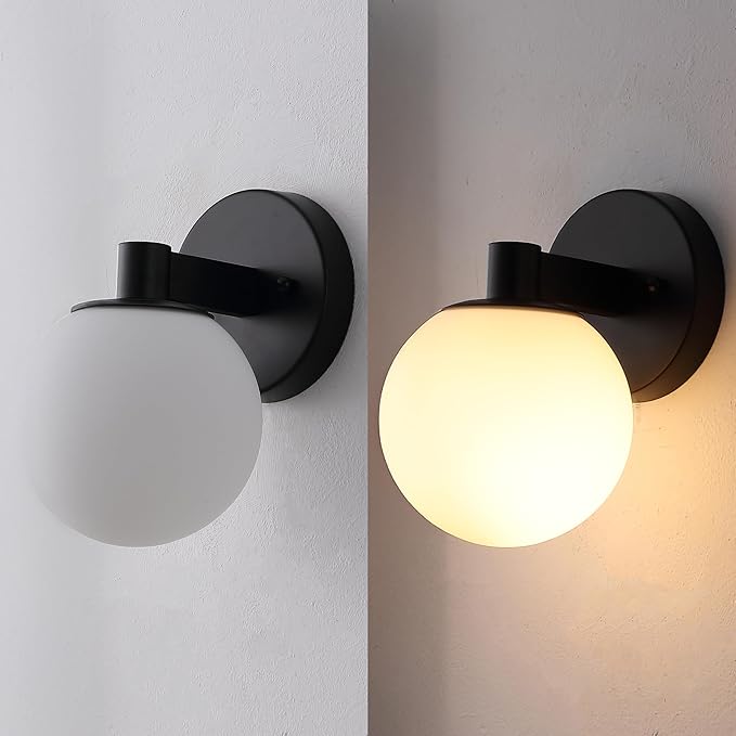 JONATHAN Y 5.75" Black/White 1-Light Modern Globe LED Vanity Wall Sconce Light, White Frosted Glass Shade, Mid-Century Art Deco Wall Lamp for Bathroom, Kitchen, Hallway (JYL3540B)