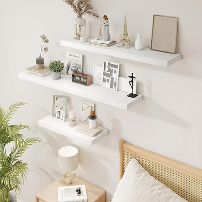 Acovy 16 Inch Floating Shelves, 9.3" Deep Floating Shelf Wall Mounted, 16" Wall Shelves, Rustic Deep Bookshelf, Large Display Shelves & Storage Shelves for Bedroom, Living Room, White, Set of 2