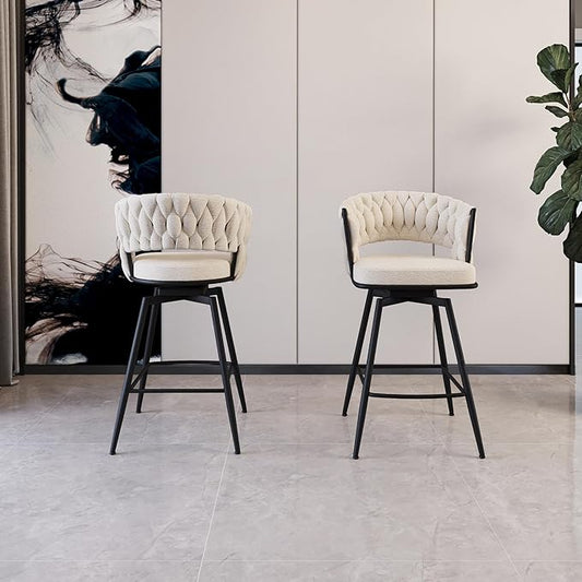26" Bar Chair Linen Woven Bar Stool Set of 2,Black Legs Bar stools No Adjustable Kitchen Island Chairs,360 Swivel Bar Stools Upholstered Bar Chair Counter Stool Arm Chairs with Back Footrest (White)