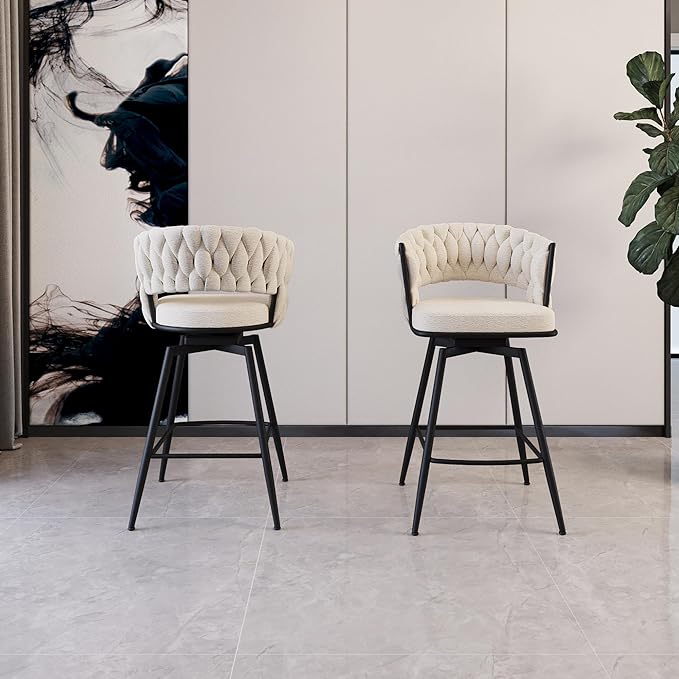 26" Bar Chair Linen Woven Bar Stool Set of 2,Black Legs Bar stools No Adjustable Kitchen Island Chairs,360 Swivel Bar Stools Upholstered Bar Chair Counter Stool Arm Chairs with Back Footrest (White)