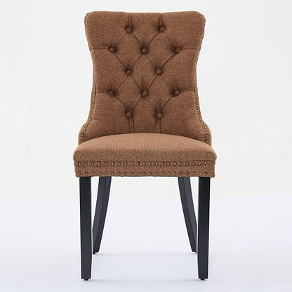 Ball & Cast Contemporary Upholstered Dining Chairs Set of 2, Flax Button Tufted Kitchen Side-Chairs with Hang Ring & Nailhead Trims & Wood Legs, 2-Piece Backrest Traditional Chair, Black+Coffee