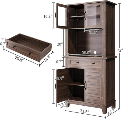 Garvee 72 in Tall Kitchen Pantry Cabinet, Kitchen Hutch Bar Cabinet with Microwave Stand, Cupboard with Drawers Glass Doors for Dining Room, Living Room, Brown