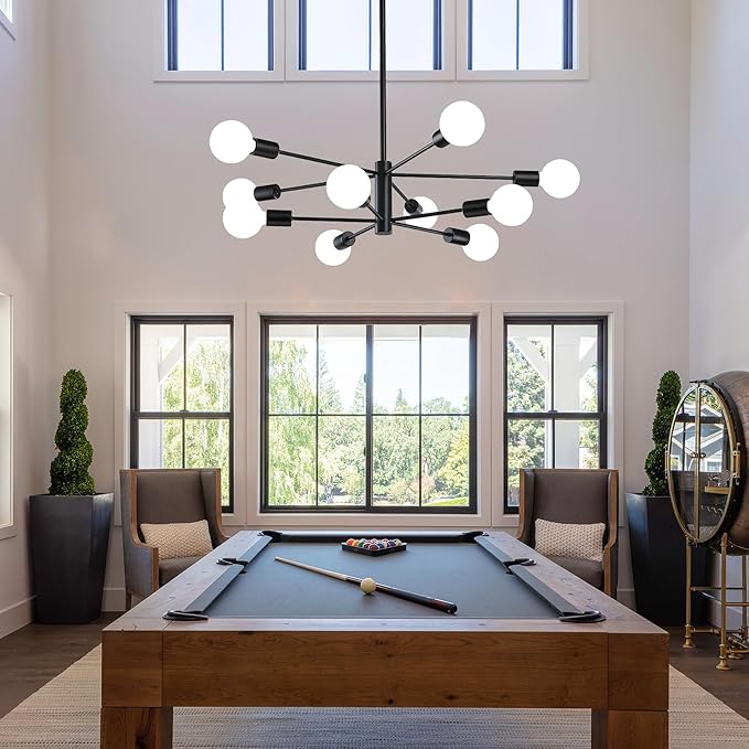 RUIYEY Modern Sputnik Chandeliers Light, 10-Light Black Chandeliers for Dining Room, E26 Height Adjustable Chandelier Ceiling Lighting Fixture for Farmhouse Kitchen Island Living Room Foyer
