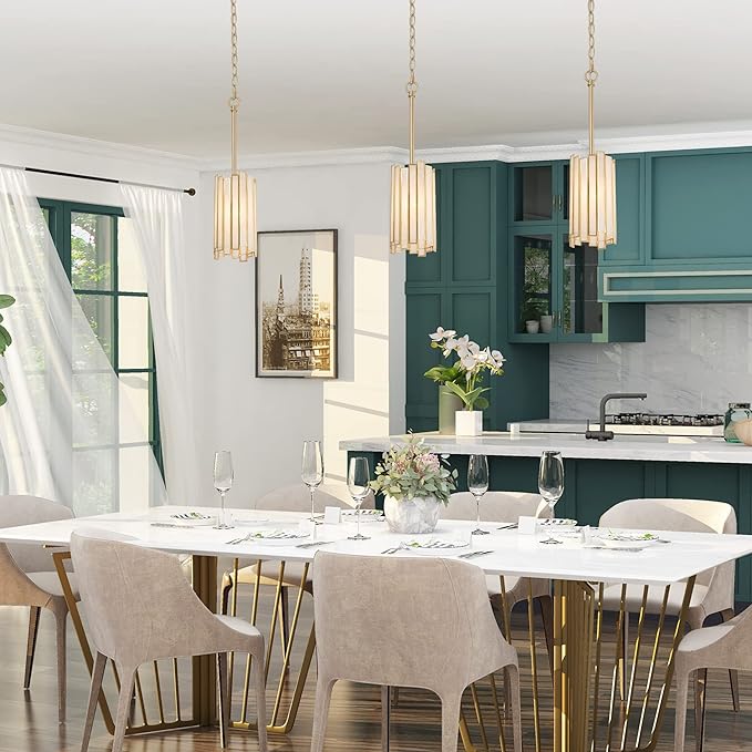 Durent Lighting Gold Pendant Lighting, Modern Cylinder Hanging Light Fixture with White Glass Shade for Kitchen Island, Entryway, Foyer, Dining Room and Bedroom