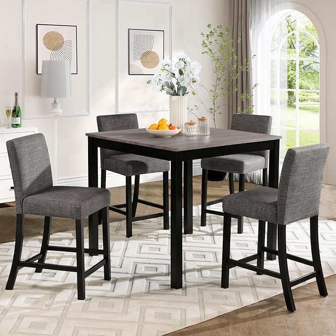 5-Piece Counter Height Dining Table Set for 4, Wooden Kitchen Table and Chairs Set of 4, Square Dining Room Table with Upholstered Seats for Kitchen and Dining, Light Grey & Black Two Tone