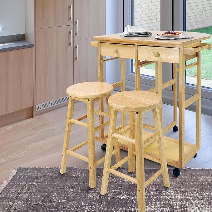 Drop Leaf Breakfast Cart Natural Solid Wood Kitchen Island Table with Two Stools Storage Shelves Rolling Wheels Compact Expandable Dining Prep Station Versatile Space Saving Modern Furniture