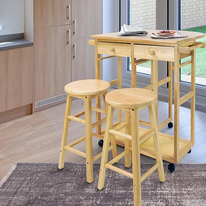 Drop Leaf Breakfast Cart Natural Solid Wood Kitchen Island Table with Two Stools Storage Shelves Rolling Wheels Compact Expandable Dining Prep Station Versatile Space Saving Modern Furniture