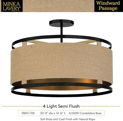 Minka Lavery 3869-726 Windward Passage Semi-Flush, 4-Light, 240 Total Watts, 20.5-in H x 14.13-in W, Coal Black and Soft Brass