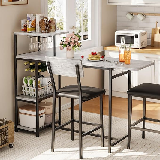 GAOMON 3-Piece Dining Set, Bar Table and Chairs Set for 2, High Top Table and Upholstered Chairs with Storage Shelves, Breakfast Nook, Bar Pub Set for Kitchen, Home Bar, Small Space