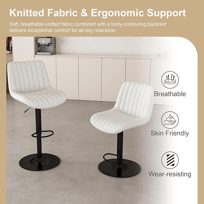 Swivel Bar Stools with Adjustable Height (35.03 43.7 Inches), Backrest, and Soft Knit Fabric Ideal for Kitchen Island, Bar Counter, Dining Room, Beige(Set of 2)