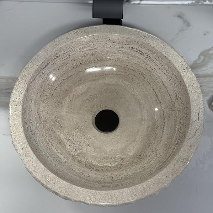 Shades of Nature Round Bowl Travertine Vessel Sink, Natural Stone Wash Basin, Hand-Carved Bathroom Sink, Chiseled Exterior, Polished Interior, Above Counter Vanity (Soap Tray Included)