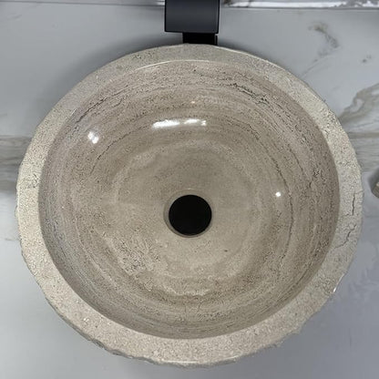 Shades of Nature Round Bowl Travertine Vessel Sink, Natural Stone Wash Basin, Hand-Carved Bathroom Sink, Chiseled Exterior, Polished Interior, Above Counter Vanity (Soap Tray Included)