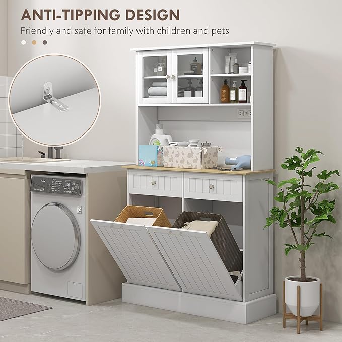 HOMCOM 68" Kitchen Pantry Storage Cabinet with Charging Station, 2 Tilt Out 10 Gallon Trash Can Cabinets and Drawers, Freestanding Kitchen Hutch with Glass Doors and Adjustable Shelf, White