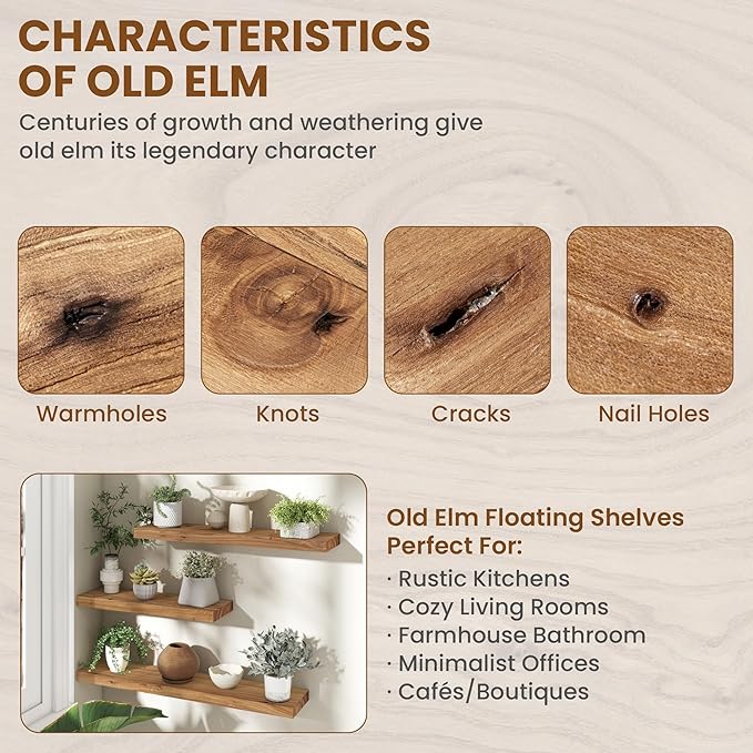 30 Inch Floating Shelves Set of 2, Rustic Solid Elm Wood Floating Shelf for Farmhouse, Living Room, Bedroom, Wall Mounted Bathroom Shelves Heavy-Duty Wall Shelf with Invisible Bracket, Natural