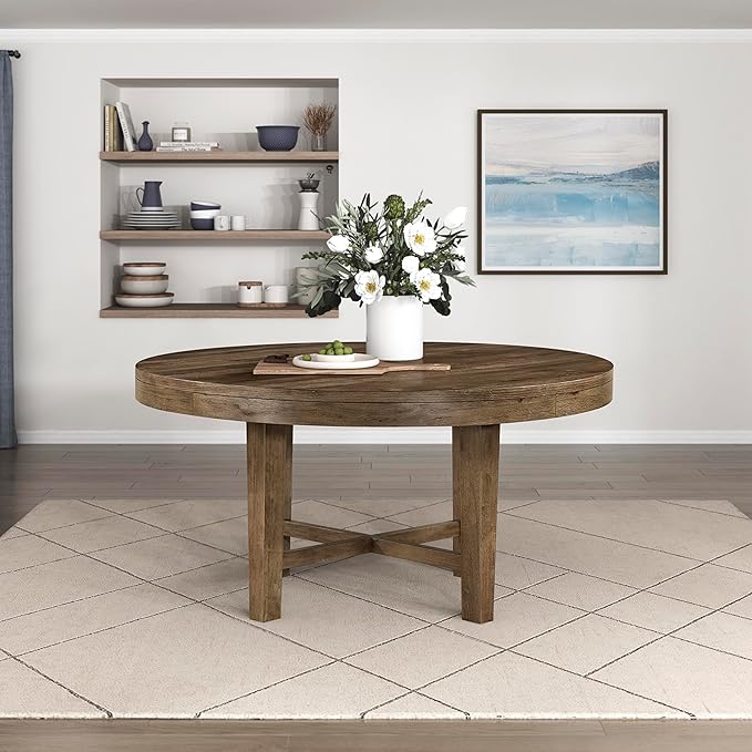 Lexicon 60 Inch Round Dining Table for 4-6 People, Solid Wood Frame with Circle Top, Farmhouse Small Round Kitchen Table for Dinner, Living Room, Modern Natural Wooden Finish, Easy Assembly, Brown