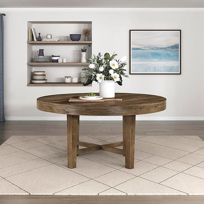 Lexicon 60 Inch Round Dining Table for 4-6 People, Solid Wood Frame with Circle Top, Farmhouse Small Round Kitchen Table for Dinner, Living Room, Modern Natural Wooden Finish, Easy Assembly, Brown