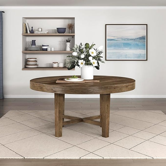 Lexicon 60 Inch Round Dining Table for 4-6 People, Solid Wood Frame with Circle Top, Farmhouse Small Round Kitchen Table for Dinner, Living Room, Modern Natural Wooden Finish, Easy Assembly, Brown