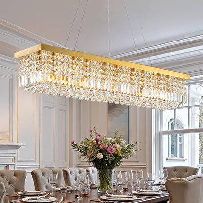 Modern Crystal Chandelier for Dining Room,10-Light K9 Rectangle Farmhouse Chandeliers,Gold Chandeliers,Pendant Light Kitchen Island Bar Bedroom Party Wedding Hotel