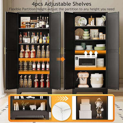 PAOFIN 71" Tall Metal Pantry Storage Cabinet with Doors and 4 Adjustable Shelves, Black Kitchen Food Pantry Cabinets, Tall Freestanding Cupboard for Kitchen, Dining Room or Living Room, Black
