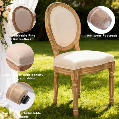 LZMS Vintage Dining Chairs Set of 2, Vintage Farmhouse Style Rubber Wood Room Chairs, Round Back, Solid Wood Frame, Beige Fabric Upholstery French Country Chairs for Kitchen, Bedroom, Dining Room