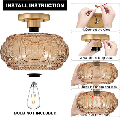 Semi Flush Mount Ceiling Light, Upgraded Larger Amber Glass Ceiling Light Fixture, Vintage Lighting for Hallway Kitchen Bedroom Dining Room, Bulb Not Included