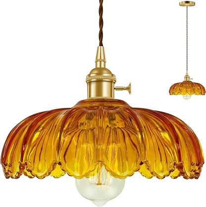 Pendant Light Fixture, Hanging Light Fixture, Glass Shade Pendant Light with Rotary Switch, Modern Lamp for Kitchen Island, Bedroom, Dining Room, Living Room (Orange Lotus, Hard-Wired)