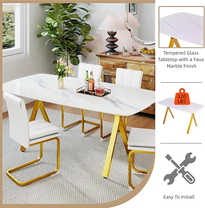 51" White Marble Dining Table, 4-6 Person Modern Kitchen Dining Room Tables with Marble Pattern Tempered Glass Top and Gold X-Shaped Metal Base, Space Saving Rectangle Dinner Table for Home