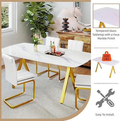 51" White Marble Dining Table, 4-6 Person Modern Kitchen Dining Room Tables with Marble Pattern Tempered Glass Top and Gold X-Shaped Metal Base, Space Saving Rectangle Dinner Table for Home
