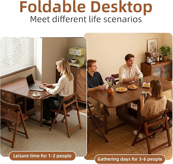 Drop Leaf Table and Chairs - 51" Fully Assembled Folding Dining Table 4-6 Seater with Storage and Lockable Wheels, Space-Saving Set with 4 Chairs for Kitchen or Dining Room (Walnut)