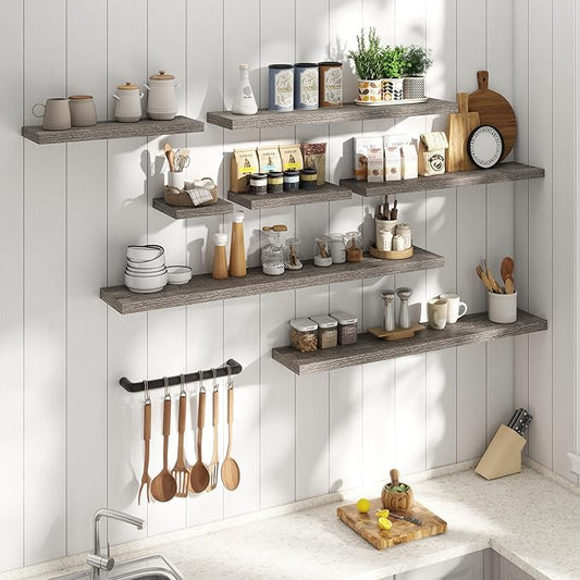 24 Inch Floating Shelves for Wall Set of 2, 8"D Wood Grain Bathroom Shelves with Invisible Brackets, Easy Install Engineered Wood Storage Shelves for Kitchen, Living Room, Bedroom, Grey Oak Finish
