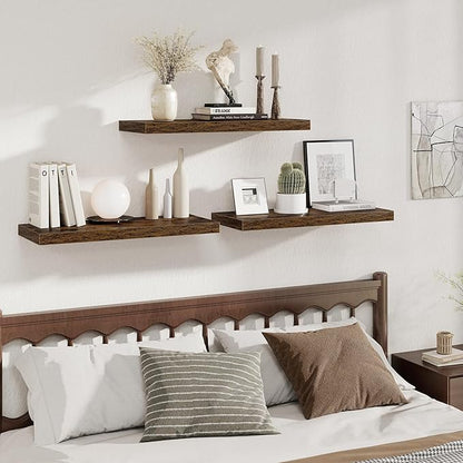 Fun Memories 12 Deep Floating Shelves for Wall | 30W x 12D Large Floating Shelves | 3 Pack Storage Space Wall Mount Shelf for Living Room Bathroom Toilet Laundry Room Kitchen Home Office - Brown