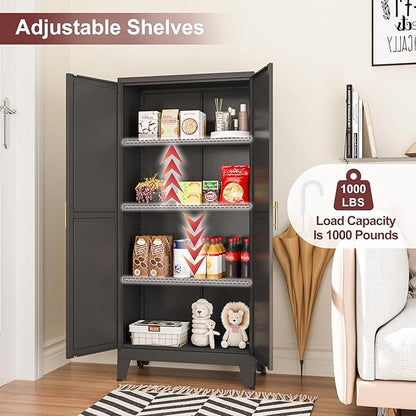 winiowa Metal Pantry Cabinet with 2 Doors and Adjustable Shelves, Kitchen Storage cabinets with Gold Handles, Versatile Storage for Laundry Room,Living Room,Bathroom,Dinning Room-Black